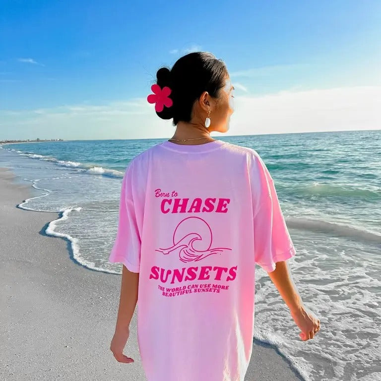 Born Chase Sunsets Shirt Summer Vacation Shirt Beachy Shirt Preppy Clothes Indie Retro Beach Shirt Casual Cotton Shirt Beach Comfort Fabric T-Shirts, Hoodie, Sweatshirt - T-Shirt, Sweatshirt, Hoodie