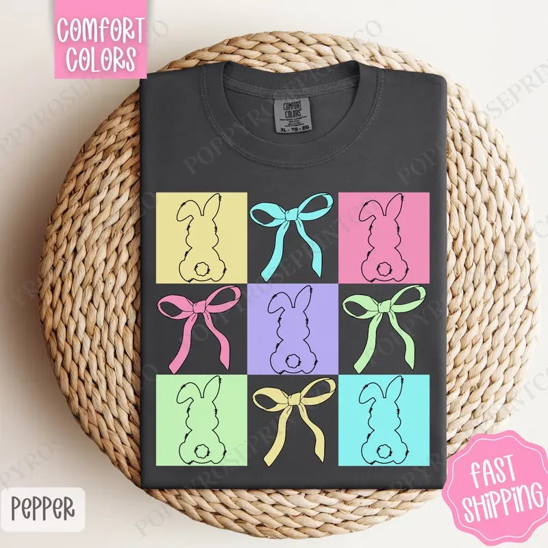 Bows Bunnies Shirt Comfort Colors Easter Bunny Her T-Shirts, Hoodie, Sweatshirt - T-Shirt, Sweatshirt, Hoodie