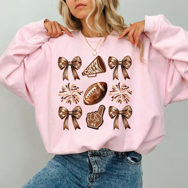 Brown Coquette Bow Football Girly Football Brown Team Game Day Cheerleading Outfits Cheerleader Touchdown Season Comfy Cotton Long Sleeve Tops Casual Womenswear T-Shirts, Hoodie, Sweatshirt - T-Shirt, Sweatshirt, Hoodie