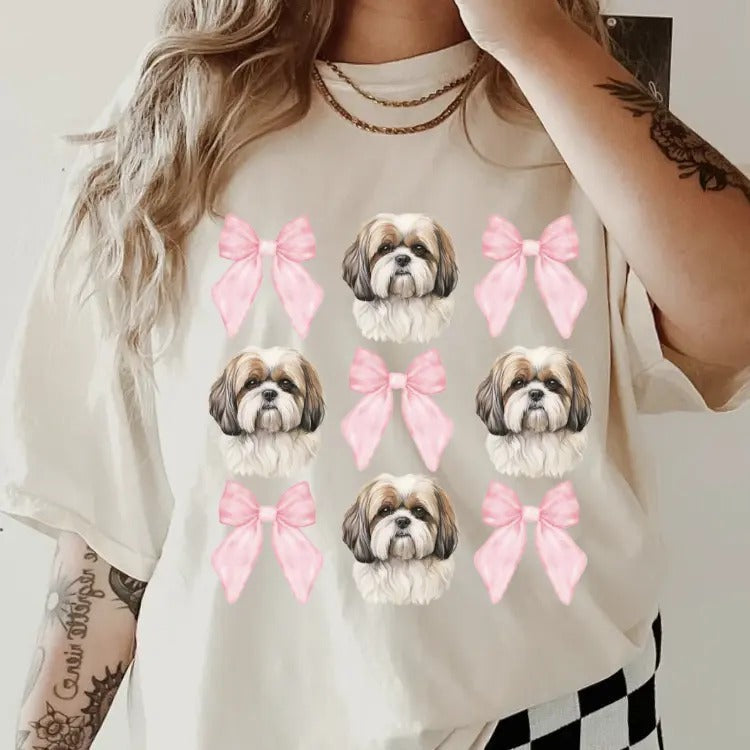 Brown White Shih Tzu Bows Shirt~ Relaxed Fit Printed USA Womenswear Casual Comfort Cotton Top Athletic Boho Chic T-Shirts, Hoodie, Sweatshirt - T-Shirt, Sweatshirt, Hoodie