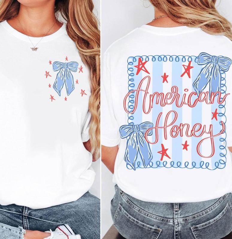 Brushtroke American Honey Flag Coquette Bows 2 Sided Shirt Red White Blue Front Back USA Independence Fourth July Shirt Memorial Day T-Shirts, Hoodie, Sweatshirt - T-Shirt, Sweatshirt, Hoodie