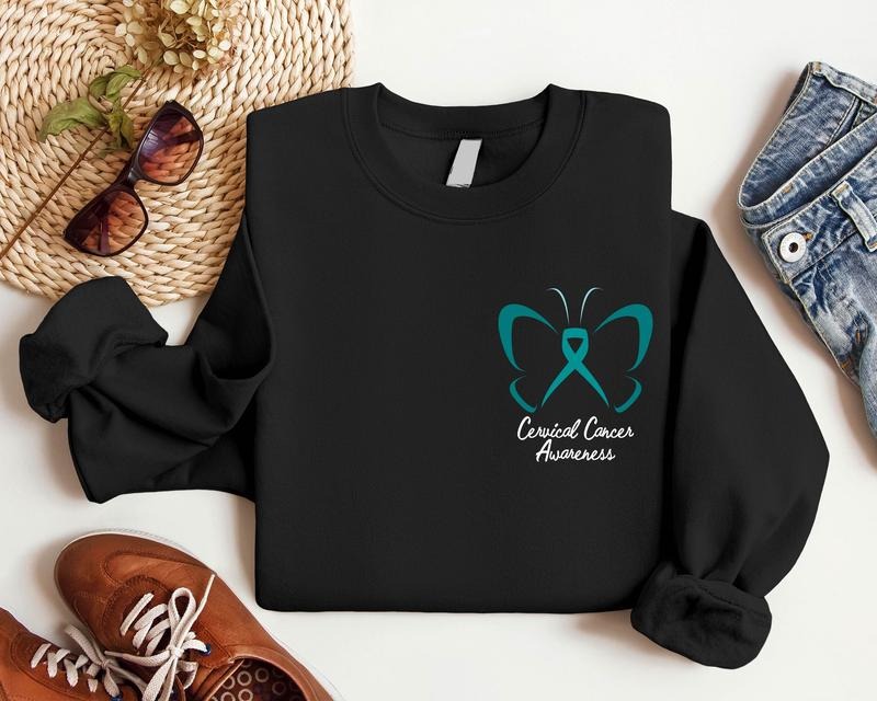 Butterfly Cervical Cancer Teal Ribbon Pocket Size Matching Support Survivor Cancer T-Shirts, Hoodie, Sweatshirt - T-Shirt, Sweatshirt, Hoodie