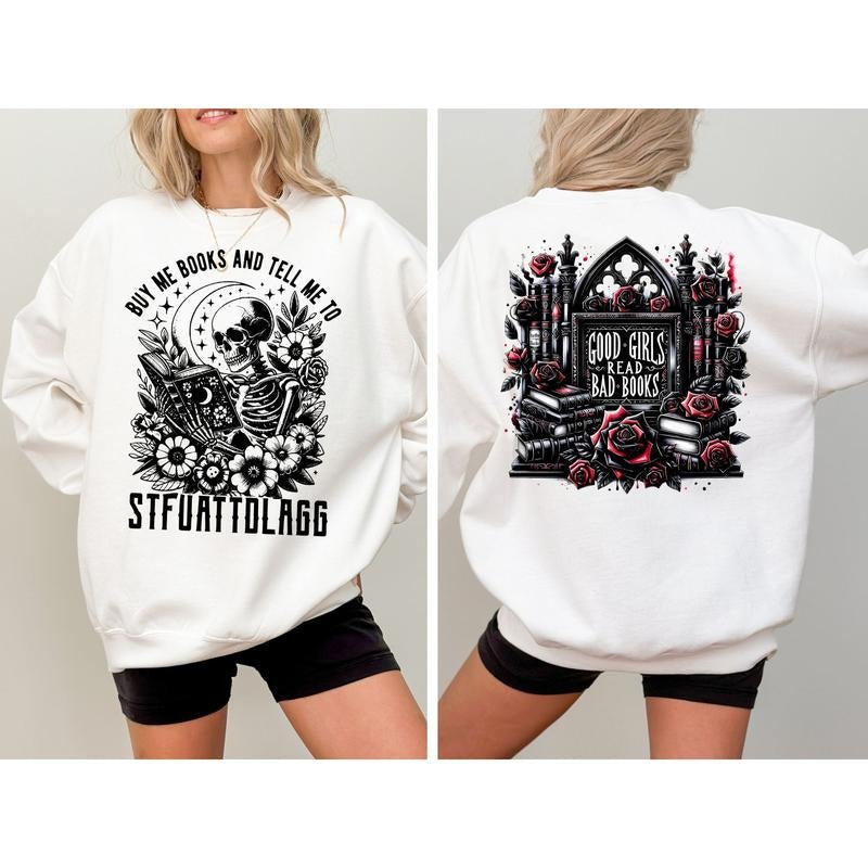 Buy Me Books Tell Me STFUATTDLAGG Book Lover Librarian Funny Skeleton Book Shirt Dark Academia T-Shirts, Hoodie, Sweatshirt - T-Shirt, Sweatshirt, Hoodie