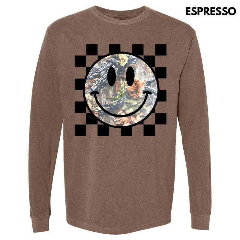 Camo Checker Happy Face Long Sleeve Comfort Colors 'NLB' T-Shirts, Hoodie, Sweatshirt - T-Shirt, Sweatshirt, Hoodie
