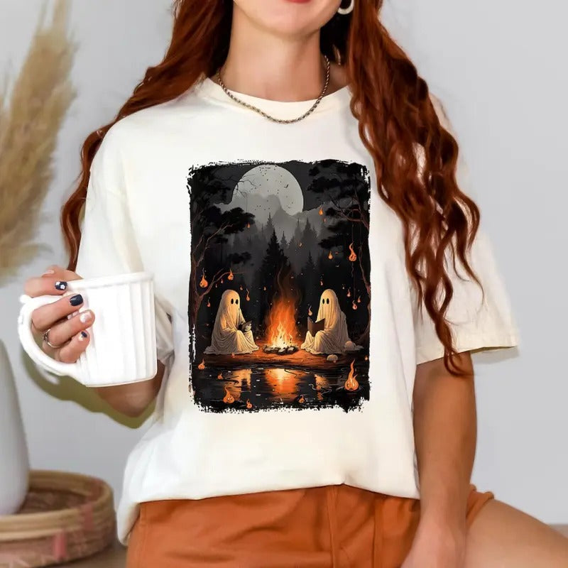 Camping Halloween Ghost Reading Book Shirt Halloween Costume Spooky Season Shirt Fall Halloween Party T-Shirts, Hoodie, Sweatshirt - T-Shirt, Sweatshirt, Hoodie