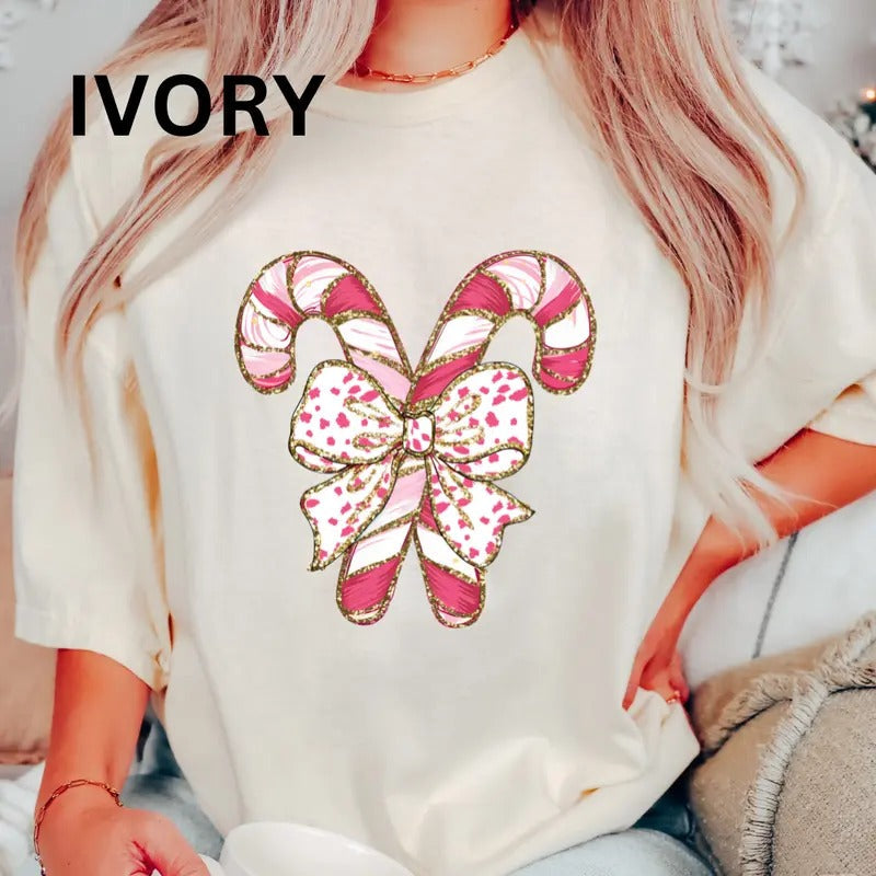 Candy Cane Bow Comfort Colors Shirt Festive Printed Cotton Comfortable T-Shirts, Hoodie, Sweatshirt - T-Shirt, Sweatshirt, Hoodie