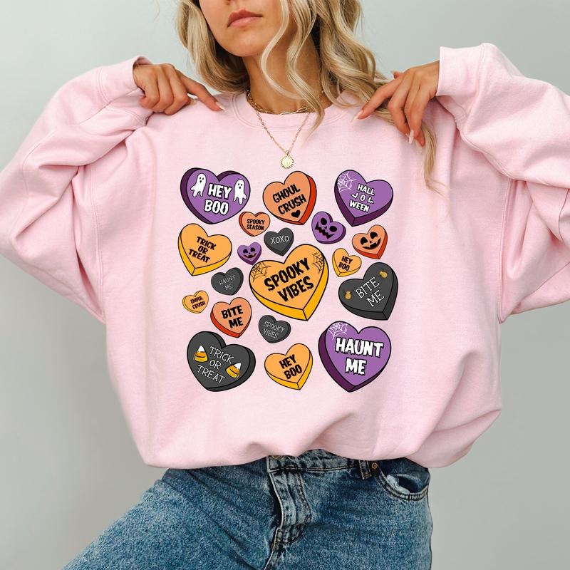 Candy Hearts Halloween Retro Halloween Spooky Candy Hearts Trick Treat Girl Comfy Long Sleeve Cute Tops Halloween Casual Womenswear Comfort Cotton Fabric Relaxed Top T-Shirts, Hoodie, Sweatshirt - T-Shirt, Sweatshirt, Hoodie