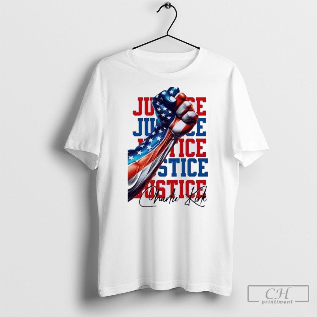 Charlie Kirk Justice American Flag Fist Unisex T-shirt, Sweatshirt, Hoodie, Long Sleeve Tee - T-Shirt, Sweatshirt, Hoodie