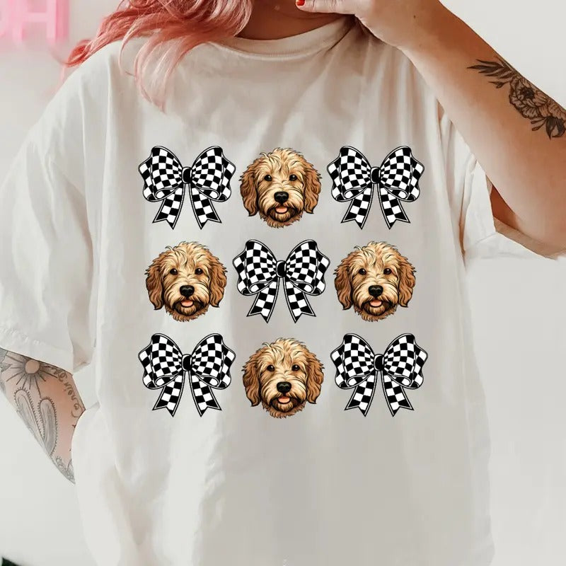 Checkered Bows & Goldendoodle Shirt ~ Relaxed Fit Printed USA Womenswear Casual Comfort Cotton T-Shirts, Hoodie, Sweatshirt - T-Shirt, Sweatshirt, Hoodie