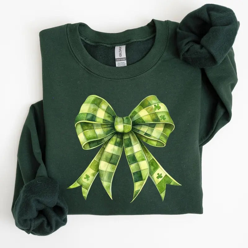 Checkered Coquette Bow Shamrock Clover Lucky Retro Lucky Irish Lucky Charm St Patrick'S Day Crew Neck T-Shirts, Hoodie, Sweatshirt - T-Shirt, Sweatshirt, Hoodie