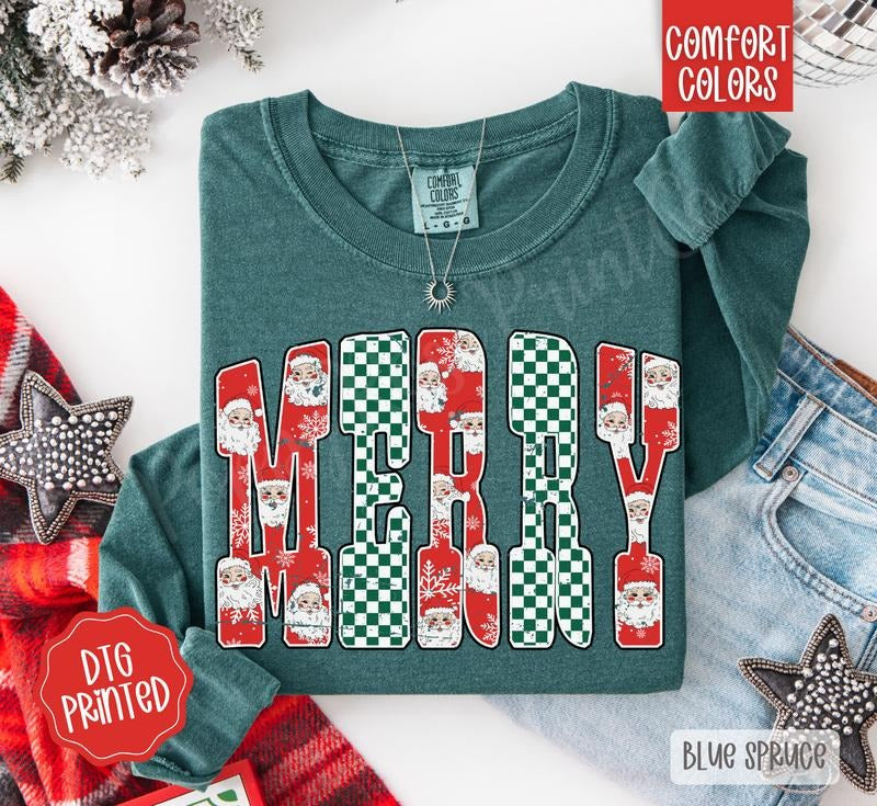 Checkered Merry Comfort Colors Long Sleeve Cute T-Shirts, Hoodie, Sweatshirt - T-Shirt, Sweatshirt, Hoodie