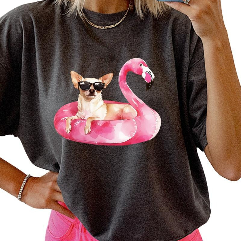 Chihuahua Flamingo Float Dog Shirt ~ Relaxed Fit Printed USA Womenswear Casual Comfort Cotton Top Athletic Boho Chic T-Shirts, Hoodie, Sweatshirt - T-Shirt, Sweatshirt, Hoodie