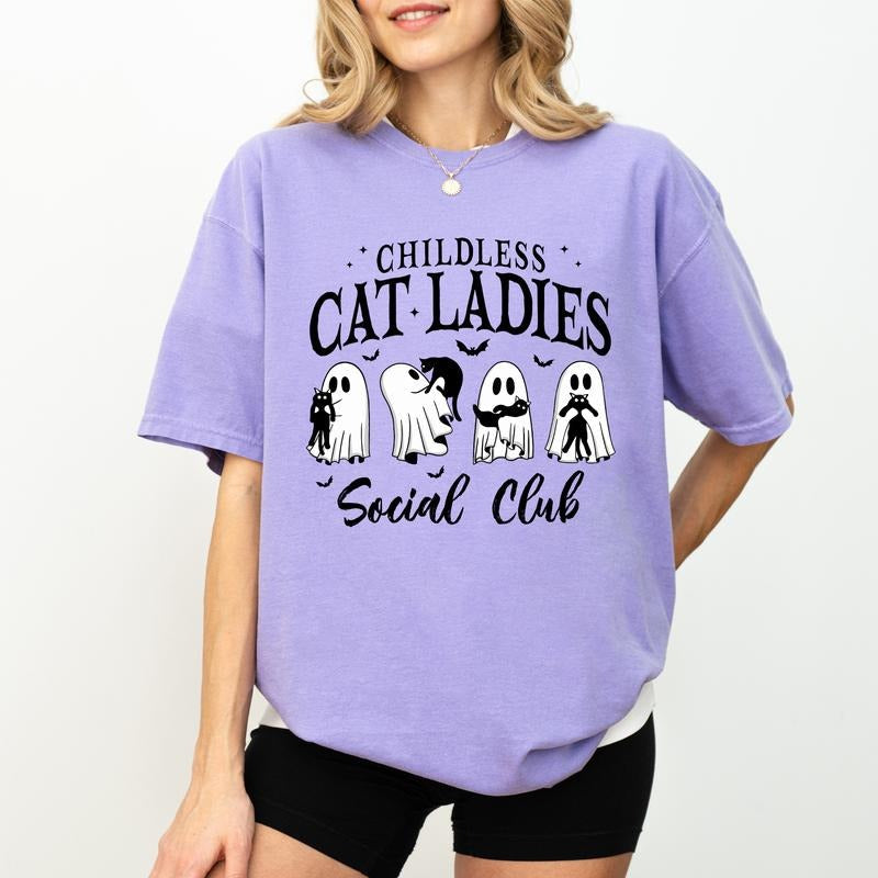 Childless Cat Social Club Comfort Colors Shirt Halloween Cat Printed Cat Lover Halloween Unhinged Shirt Cat Mama Cat Mom Halloween Shirt Tops Womenswear Cotton Fabric Relaxed Fit Chic T-Shirts, Hoodie, Sweatshirt - T-Shirt, Sweatshirt, Hoodie