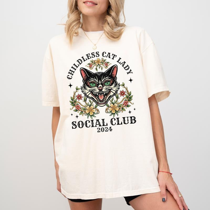 Childless Cat Lady Social Club Shirt Power Printed Feminism Shirt Crazy Cat Shirt Childfree Choice Shirt Comfy Fabric Tops Cotton Fabric Relaxed Fit T-Shirts, Hoodie, Sweatshirt - T-Shirt, Sweatshirt, Hoodie