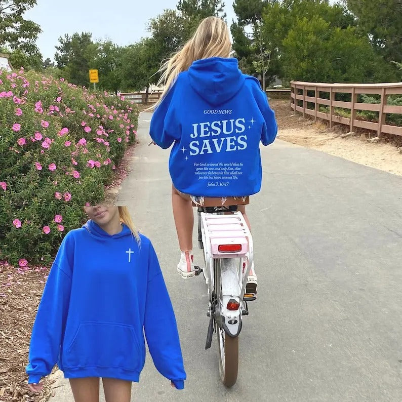 Christian Jesus Saves Blue Casual Bible Verse Cotton Polyester Blend Long Sleeve Casual T-Shirts, Hoodie, Sweatshirt - T-Shirt, Sweatshirt, Hoodie