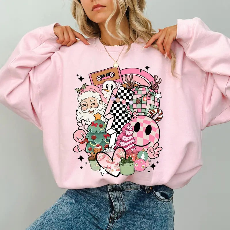 Checkered Coquette Bow Girly Santa Claus Tree 2024 Xmas Comfy Long Sleeve Tops Casual Womenswear Soft Fabric Cotton Top T-Shirts, Hoodie, Sweatshirt - T-Shirt, Sweatshirt, Hoodie