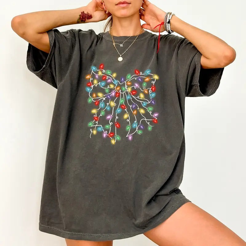 Light Coquette Bow Shirt Comfort Colors Girly Coquette Bow Light Bow Season Shirt Cute Coquette Tops Xmas Tops Casual Womenswear Comfy Cotton Chic T-Shirts, Hoodie, Sweatshirt - T-Shirt, Sweatshirt, Hoodie