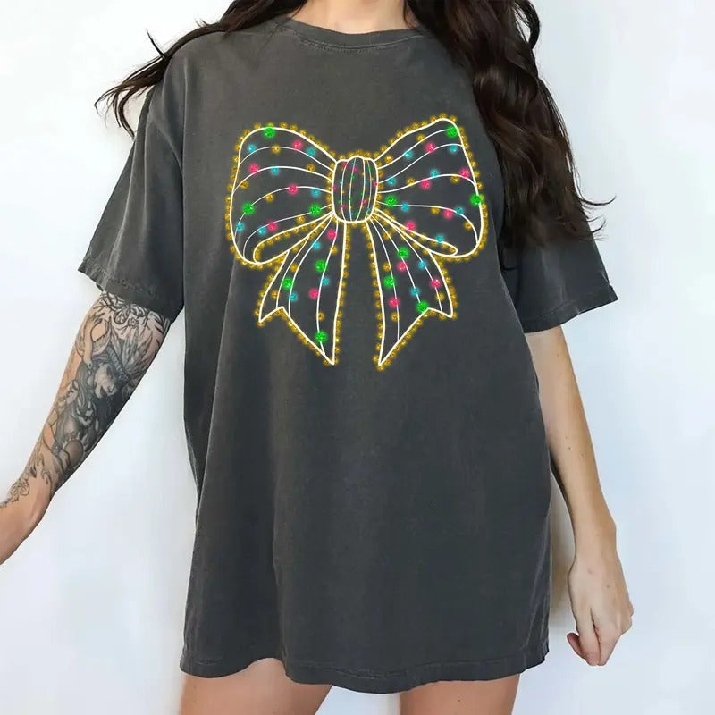 Lights Comfort Colors Shirt Lights Coquette Bow Unhinged Merry Bright Bow T-Shirts, Hoodie, Sweatshirt - T-Shirt, Sweatshirt, Hoodie