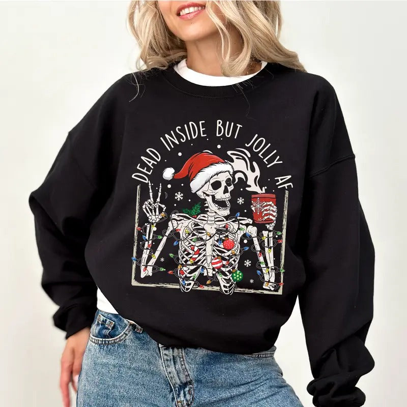 Skeleton Dead Inside But Jolly AF Funny Santa Skeleton Skull Lover Sarcastic Xmas Comfy Long Sleeve Unhinged Fabric Tops Soft Cozy Casual Womenswear T-Shirts, Hoodie, Sweatshirt - T-Shirt, Sweatshirt, Hoodie