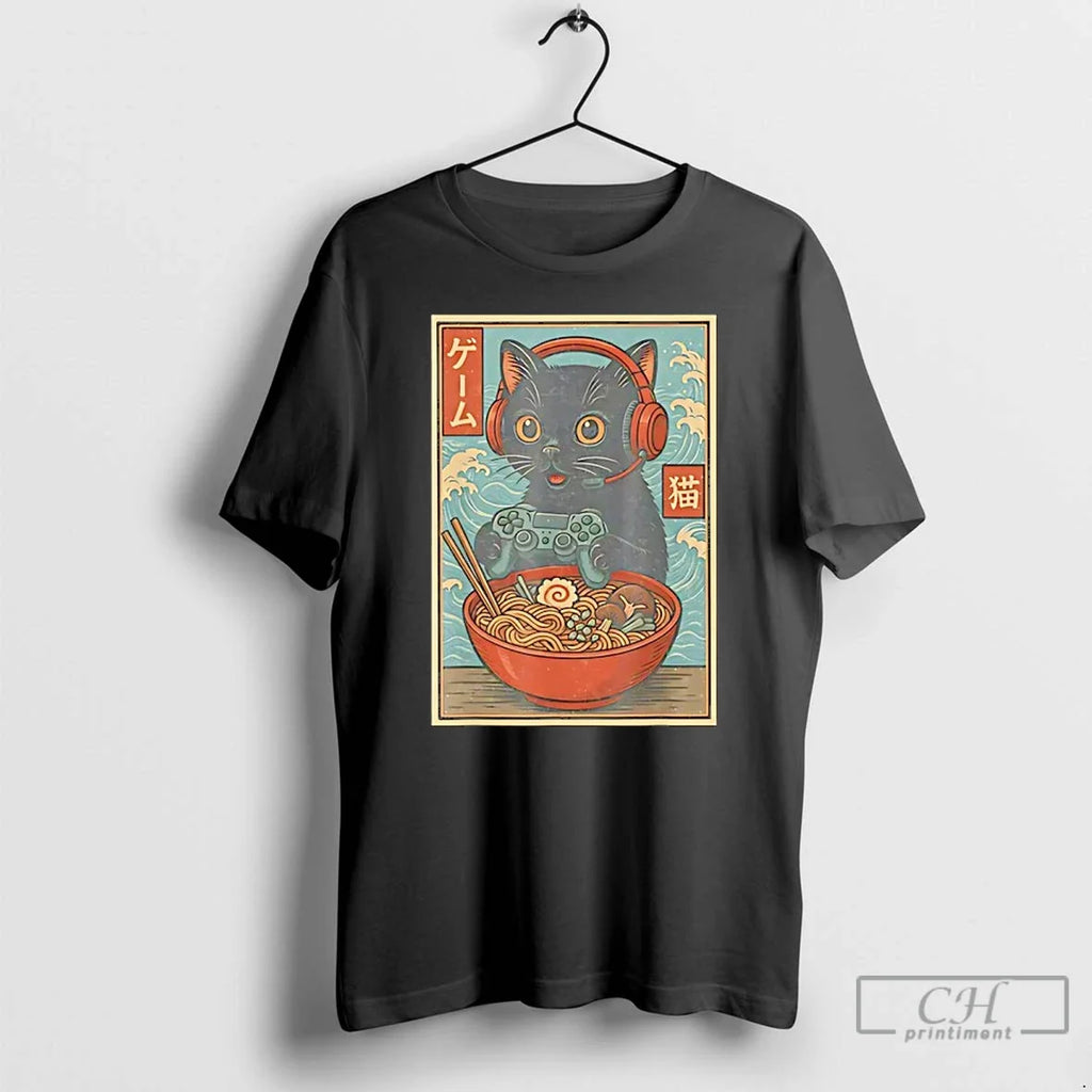 Classic Black Japanese Cat Holding Gamepad Wearing Head Phone Eat Ramen Retro T-Shirts, Hoodie, Sweatshirt - T-Shirt, Sweatshirt, Hoodie