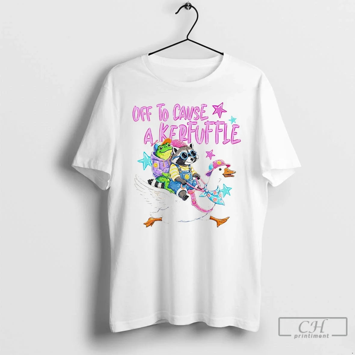 Classic Funny Animal Frog Raccoon Goose Off To Cause A Kerfuffle Unisex T-shirt, Sweatshirt, Hoodie, Long Sleeve Tee - T-Shirt, Sweatshirt, Hoodie