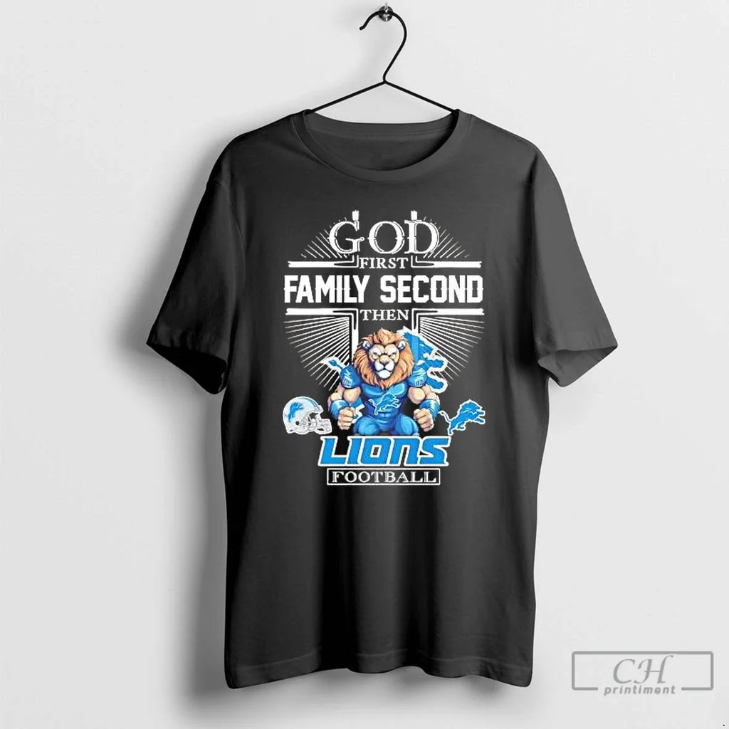 Classic God First Family Second Then Detroit Lions Football Mascot T-Shirts, Hoodie, Sweatshirt - T-Shirt, Sweatshirt, Hoodie