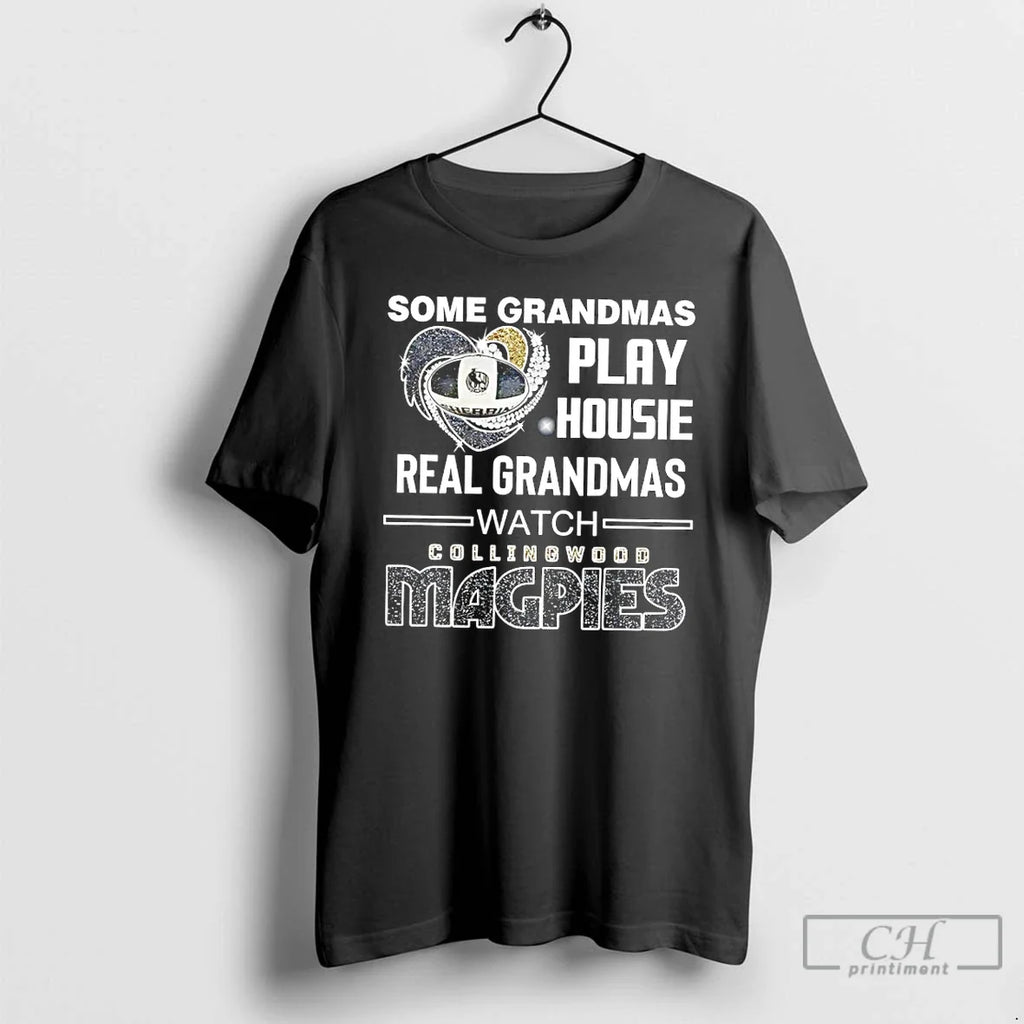 Classic Some Grandmas Play Housie Real Grandmas Watch Collingwood Magpies Diamond Heart T Shirts Sweater - T-Shirt, Sweatshirt, Hoodie