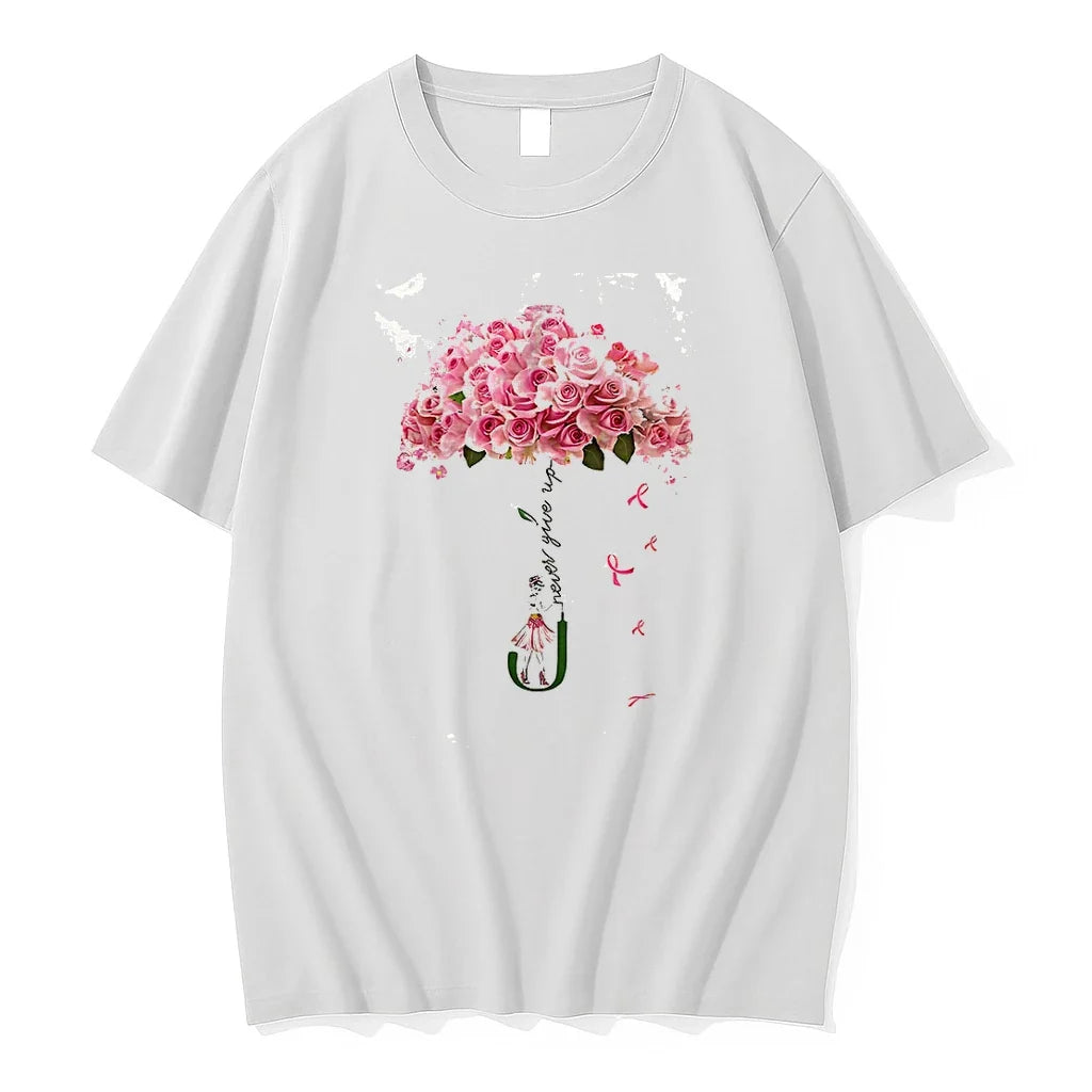 Classic Strong Girl Flower Never Give Up Breast Cancer Shirts Sweater Unisex T-shirt, Sweatshirt, Hoodie, Long Sleeve Tee - T-Shirt, Sweatshirt, Hoodie