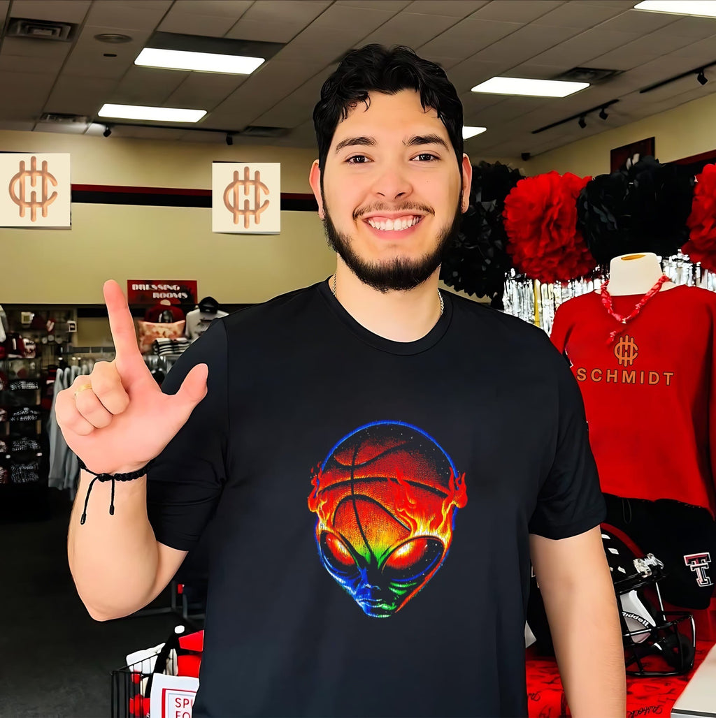 Colorful flaming alien basketball graphic shirt Unisex T-shirt, Sweatshirt, Hoodie, Long Sleeve Tee - T-Shirt, Sweatshirt, Hoodie