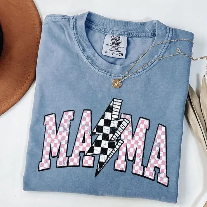 Comfort Color Lightning Bolt Mama Shirt Retro Checkered Mama Comfort Colors Mama Presents Mom Homeschool Mom Shirt T-Shirts, Hoodie, Sweatshirt - T-Shirt, Sweatshirt, Hoodie