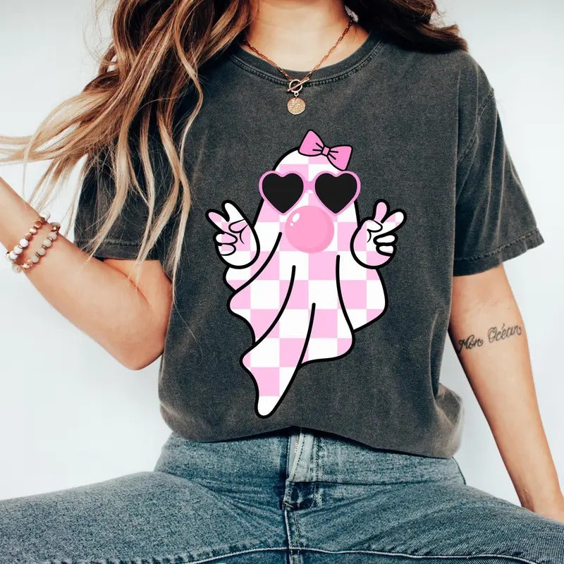 Comfort Colors Cute Girly Ghost Blowing Bubble Shirt Cute Ghost Shirt Retro Checkered Ghost Bow Shirt Cute Pink Ghost Wednesday We Pink T-Shirts, Hoodie, Sweatshirt - T-Shirt, Sweatshirt, Hoodie