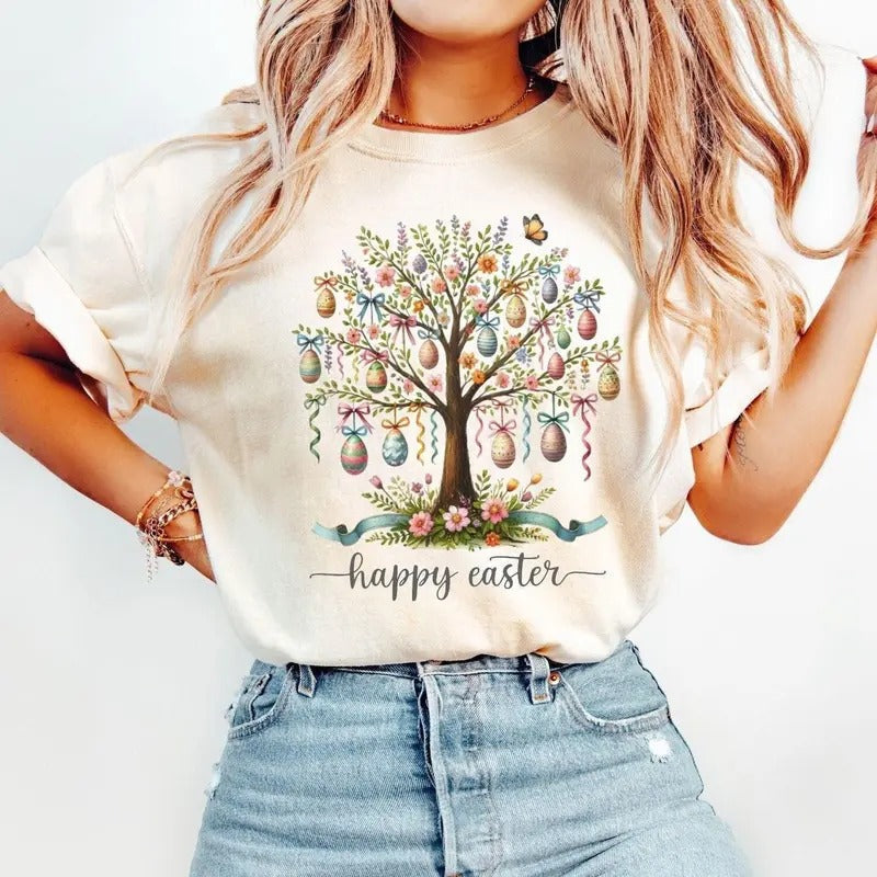 Comfort Colors Easter Tree Happy Easter Shirt Cute Easter Egg Shirt Cotton T-Shirts, Hoodie, Sweatshirt - T-Shirt, Sweatshirt, Hoodie
