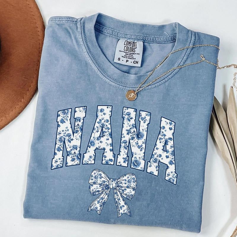 Comfort Colors Floral Nana Shirt Coquette Bow Nana Chinoiserie Nana New Grandma Pregnancy Reveal Cute T-Shirts, Hoodie, Sweatshirt - T-Shirt, Sweatshirt, Hoodie