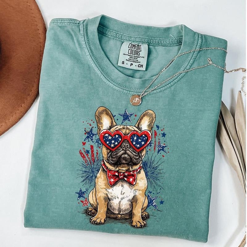 Comfort Colors French Bulldog Shirt Patriotic Dog Shirt Fourth July Dog Dog Wearing Stars Stripes Bow T-Shirts, Hoodie, Sweatshirt - T-Shirt, Sweatshirt, Hoodie