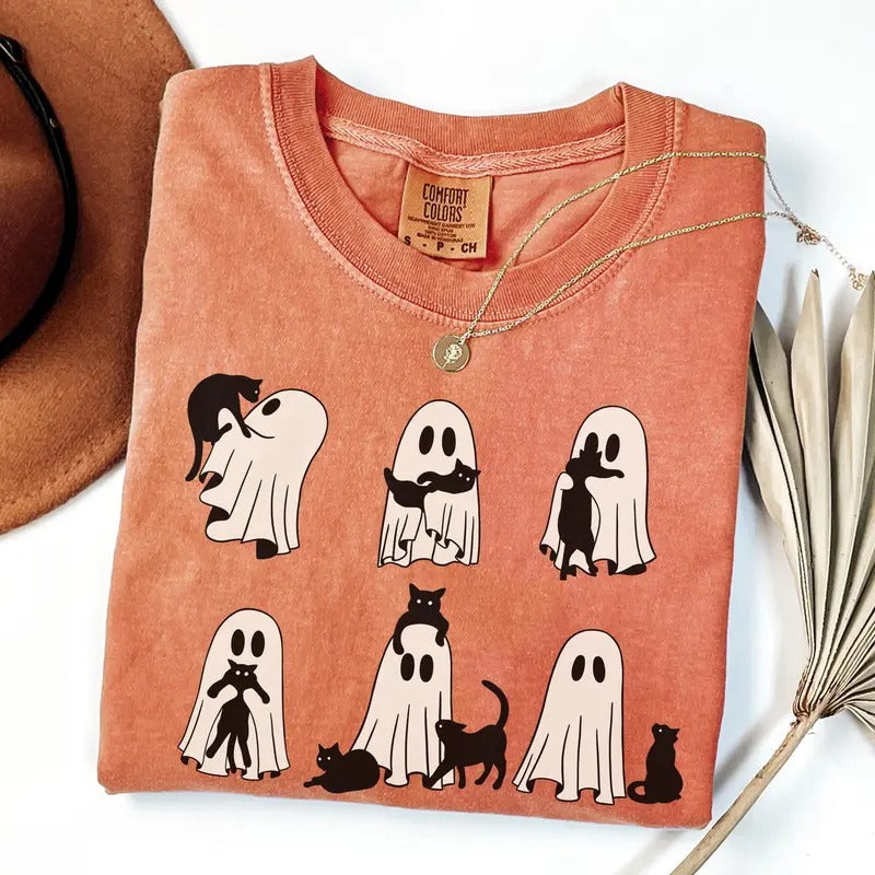 Comfort Colors Ghost Cat Shirt Cute Cat Lovers Shirt Retro Ghost Halloween Halloween Cat Shirt Spooky Season T-Shirts, Hoodie, Sweatshirt - T-Shirt, Sweatshirt, Hoodie