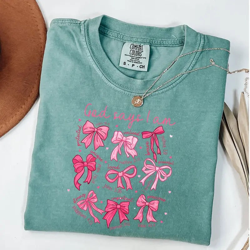 Comfort Colors God Says I Am Coquette Shirt Pink Coquette Bows Shirt Bible Verse Christian Bow T-Shirts, Hoodie, Sweatshirt - T-Shirt, Sweatshirt, Hoodie