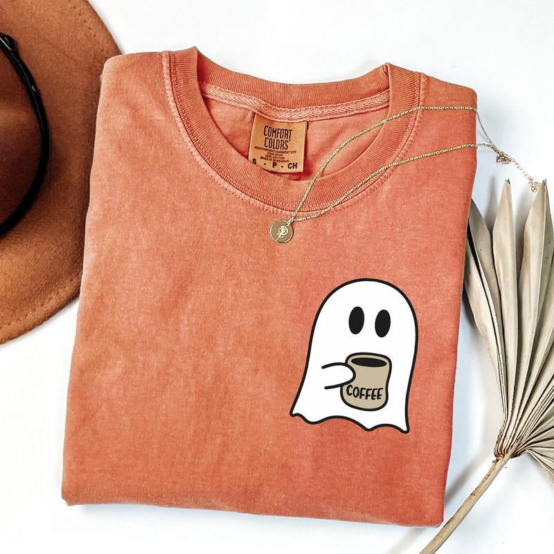 Comfort Colors Little Ghost Ice Coffee Shirt Cute Spooky Coffee Shirt Ghost Shirt Spooky Season Fall Coffee Lover Shirt T-Shirts, Hoodie, Sweatshirt - T-Shirt, Sweatshirt, Hoodie
