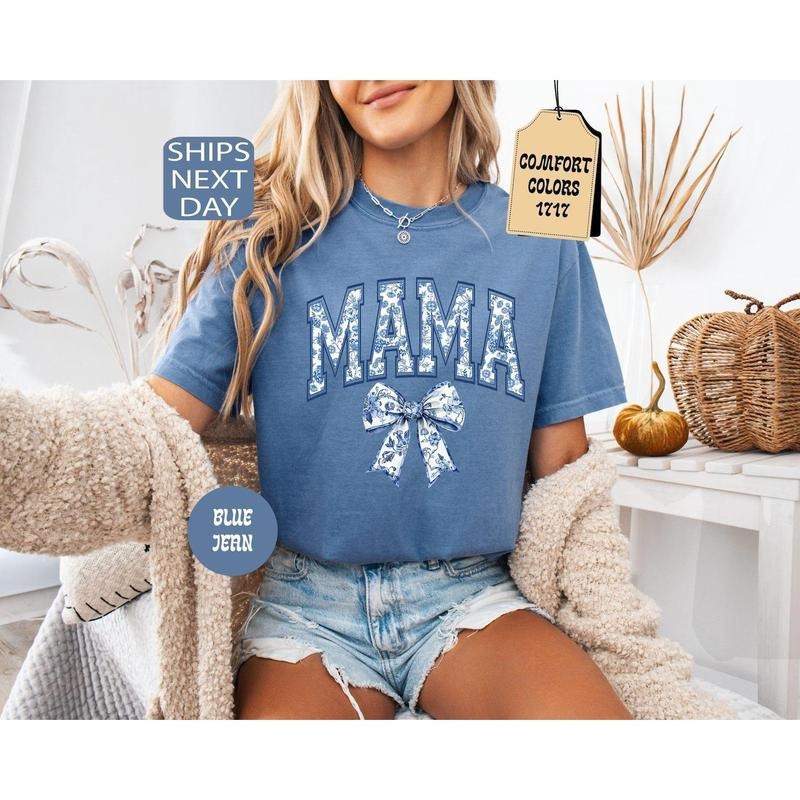 Comfort Colors Mama Shirt Blue Ribbon Shirt Mom Cute Mom Shirt Toile Bow Shirt Chinoiserie Shirt T-Shirts, Hoodie, Sweatshirt - T-Shirt, Sweatshirt, Hoodie