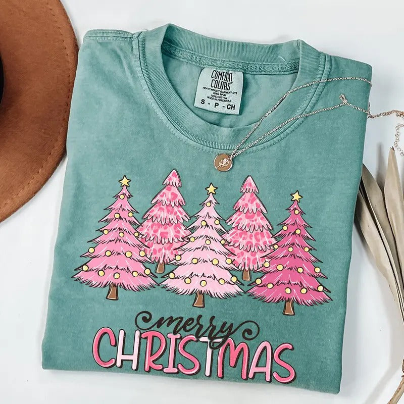 Comfort Colors Merry Pink Tree Shirt Merry Bright Shirt Cotton Fit T-Shirts, Hoodie, Sweatshirt - T-Shirt, Sweatshirt, Hoodie