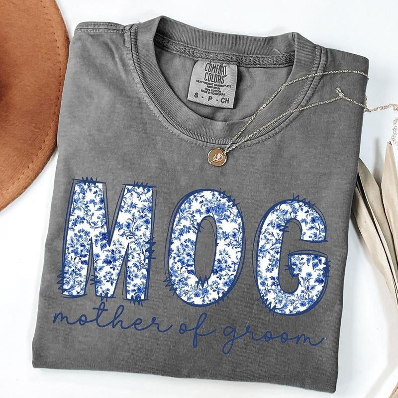 Comfort Colors Mother Groom Shirt Mog Floral Bridal Party Getting Ready Bride Blue Toile Shirt T-Shirts, Hoodie, Sweatshirt - T-Shirt, Sweatshirt, Hoodie