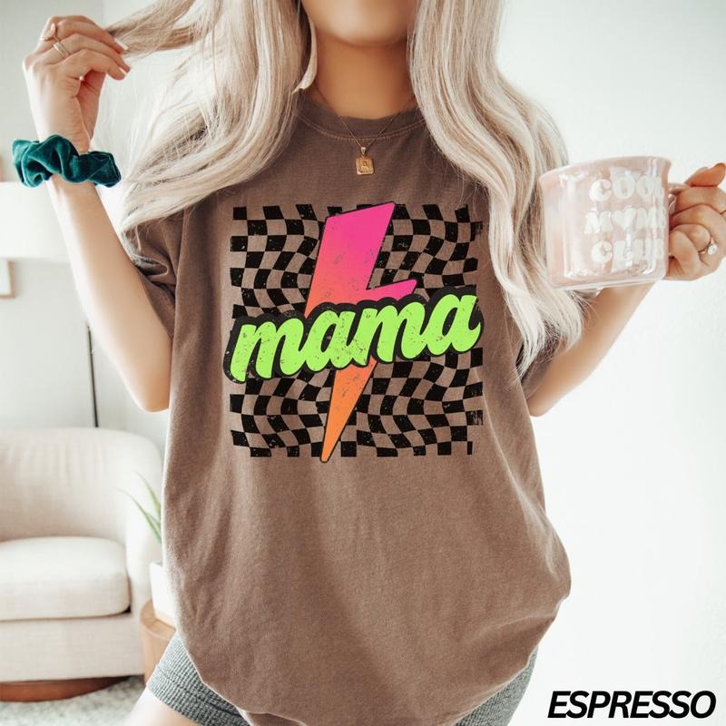 Comfort Colors Neon Mama Checkered Mama Lightning BolT Shirt Retro Checkered Mom Her T-Shirts, Hoodie, Sweatshirt - T-Shirt, Sweatshirt, Hoodie