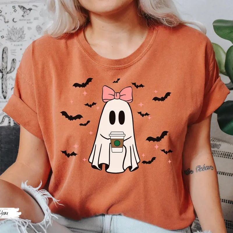 Comfort Colors Pumpkin Spice Ghost Shirt Halloween Ghost Shirt Cute Fall Shirt Spooky Season Halloween Bow Shirt T-Shirts, Hoodie, Sweatshirt - T-Shirt, Sweatshirt, Hoodie