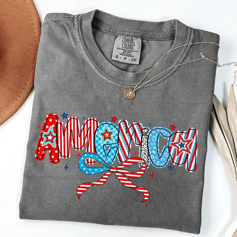 Comfort Colors Retro America Flag Coquette 4th July Shirt America Memorial Day Independence Day Patriotic Shirt T-Shirts, Hoodie, Sweatshirt - T-Shirt, Sweatshirt, Hoodie