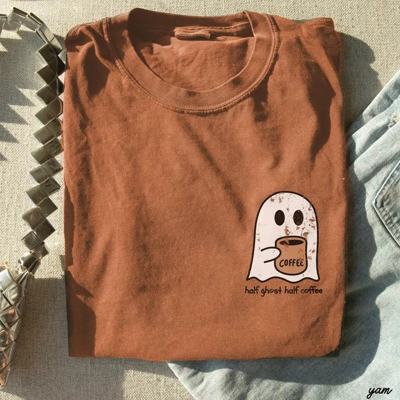 Comfort Colors Retro Cute Spooky Coffee Shirt Half Ghost Half Coffee Pocket Spooky Season Fall Coffee Lover Her Halloween T-Shirts, Hoodie, Sweatshirt - T-Shirt, Sweatshirt, Hoodie