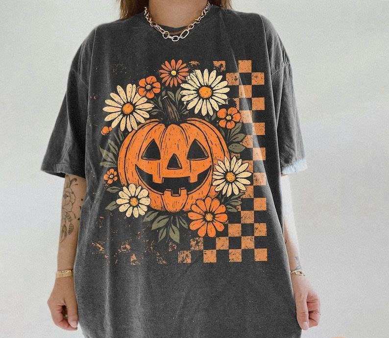 Comfort Colors Retro Floral Pumpkin Funny Halloween Preppy Spooky Season Top Checkered Fall 90skid Nostalgia Goosebumps Halloween Shirt T-Shirts, Hoodie, Sweatshirt - T-Shirt, Sweatshirt, Hoodie