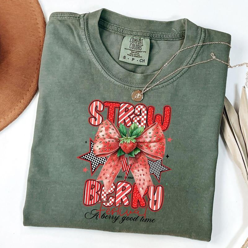 Comfort Colors Retro Strawberry Festival Shirt Cute Strawberry Bow Shirt Summer Vibese T-Shirts, Hoodie, Sweatshirt - T-Shirt, Sweatshirt, Hoodie