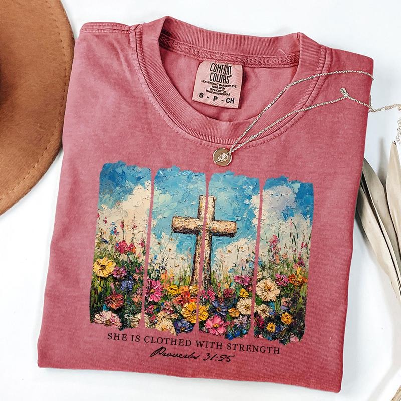 Comfort Colors She Is Clothed Strength Shirt Wildflower Christian Bible Verse Shirt Christian Boho Mom T-Shirts, Hoodie, Sweatshirt - T-Shirt, Sweatshirt, Hoodie