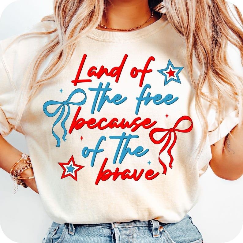 Coquette America Land Free Because Brave 4th July Patriotic Independence Day American Bow Soft Girly T-Shirts, Hoodie, Sweatshirt - T-Shirt, Sweatshirt, Hoodie