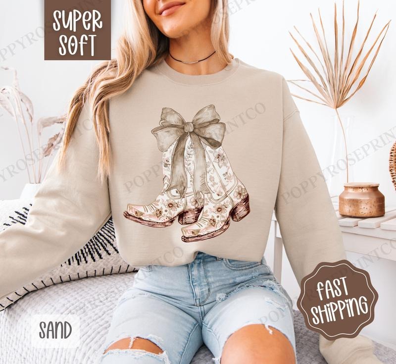 Coquette Beige Cowgirl Boots Cute Beige Bow Boots T-Shirts, Hoodie, Sweatshirt - T-Shirt, Sweatshirt, Hoodie