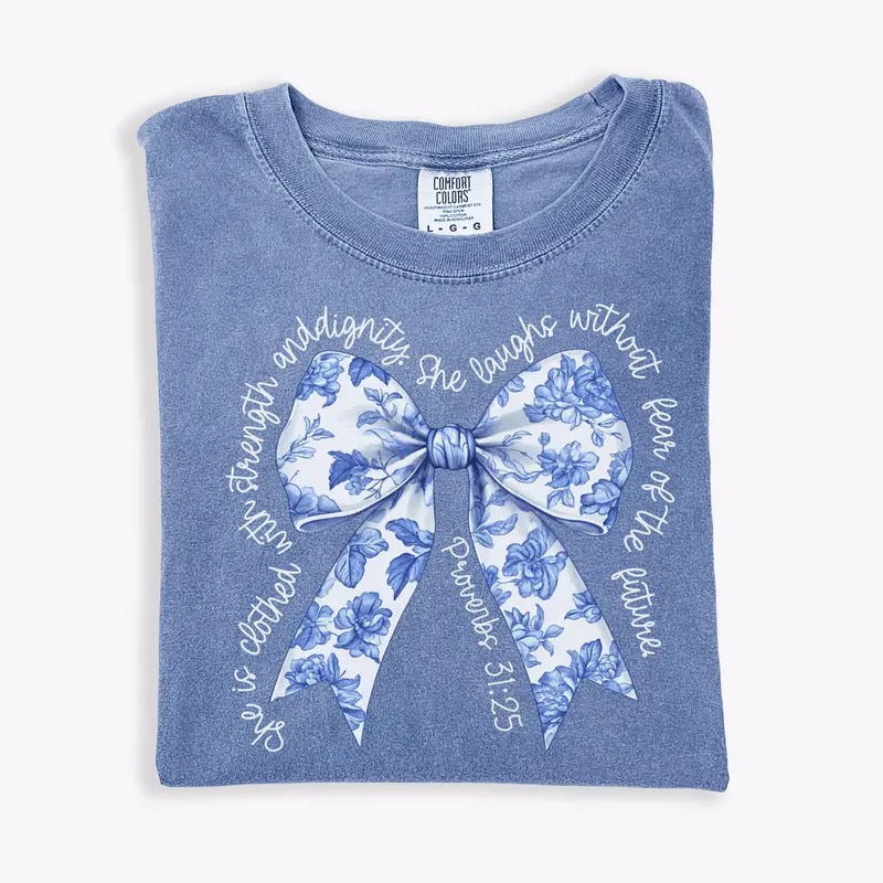 Coquette Christian Comfort Colors Shirt Blue Toile Bow Bible Verse Shirt Christian Mom Religious Shirt Church T-Shirts, Hoodie, Sweatshirt - T-Shirt, Sweatshirt, Hoodie